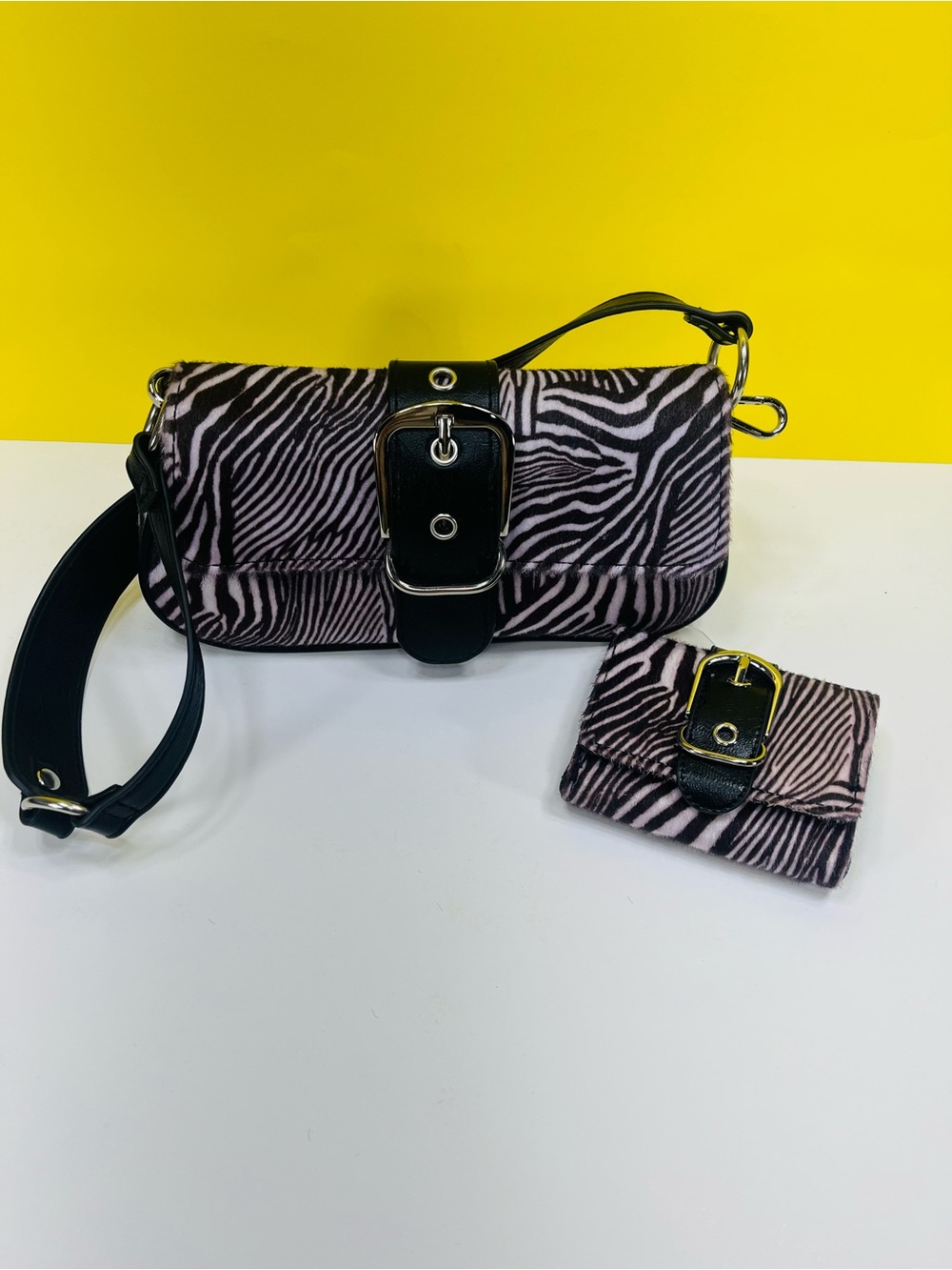 Zebra Print Shoulder Bag Crossbody with Matching Wallet Faux Fur New